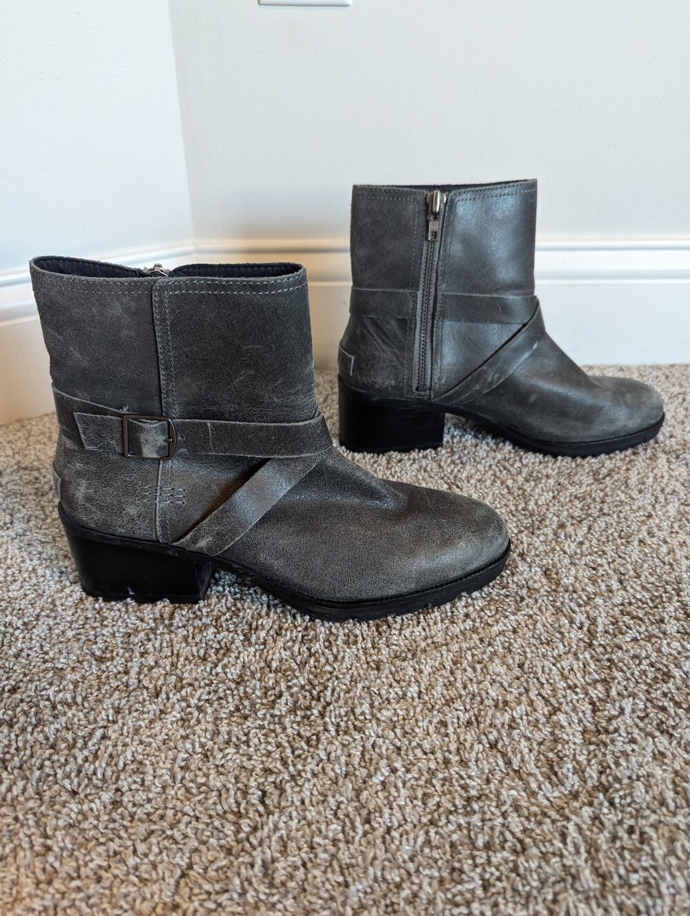 Sorel Cate Buckle Waterproof Leather Moto Ankle Boots - Quarry Grey sz 9.5